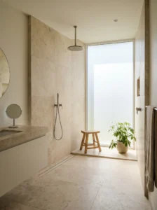 Doorless walk-in shower with seamless modern minimalist bathroom design