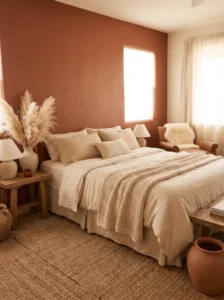 Terracotta and sand color bedroom with warm desert-inspired decor