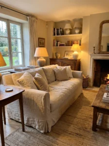 linen sofa with slipcovers in French country living room