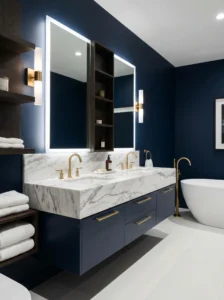 Navy blue bathroom with marble sink and gold details