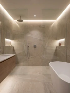 Floor-to-ceiling tiled shower creating a seamless modern bathroom look