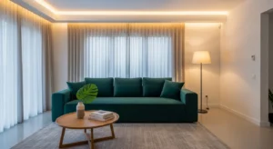 Bold colored sofa acting as a centerpiece in a modern living room