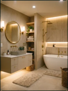 Bathroom with warm gold metallic fixtures and modern design