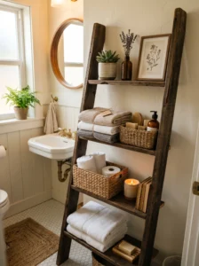 Ladder shelf in bathroom for cozy and stylish towel storage