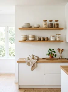 Scandinavian kitchen with open shelving displaying simple ceramics and glass jars