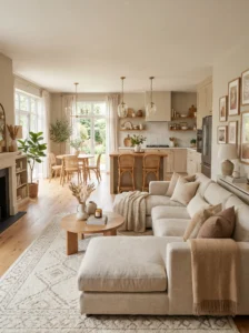 Neutral color palette connecting kitchen and living room