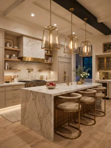 Brass pendant lights over marble kitchen island with warm luxury aesthetic