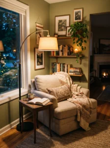 Cozy corner with floor lamp and armchair creating a warm reading space