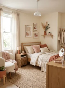 Neutral teen bedroom with warm accent colors for a cozy and calm vibe