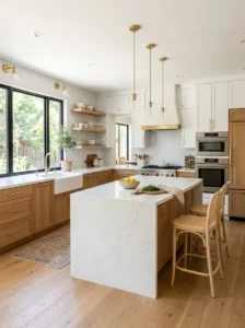 Two tone kitchen cabinets with wood and white modern design