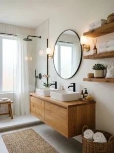 White bathroom with wooden accents adding warmth and balance to the bright space