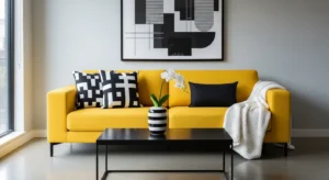 Yellow sofa with black and white decor for a modern contrast look