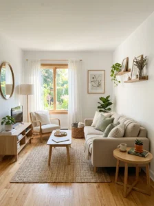 Light neutral color palette in a small living room creating an airy and spacious feel
