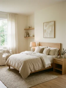 Neutral color palette in a luxury bedroom creating a calm and elegant aesthetic