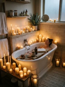 Bathtub surrounded by candles creating a warm and relaxing spa-like atmosphere