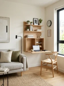 Living room corner turned into small office nook with desk