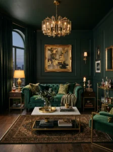 Dark green velvet sofa in moody living room with gold accents and warm lighting