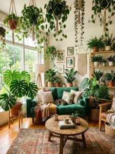 Green couch with plants botanical living room inspiration