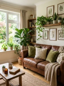 Brown couch styled with green plants for an earthy cozy living room
