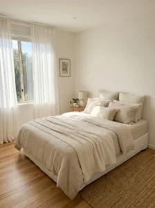 Light-colored small bedroom that looks bigger and brighter