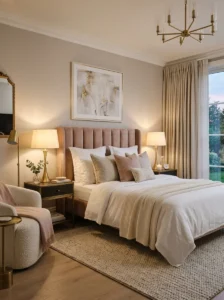 Bedroom with blush velvet headboard and elegant neutral decor