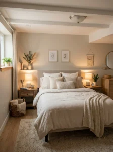 “Basement guest bedroom with cozy bedding and soft lighting”