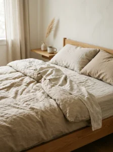 Neutral linen bedding in Japandi bedroom with soft natural texture