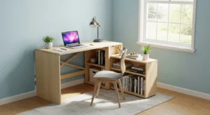Foldable desk creating a flexible guest room office setup