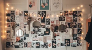 Wall collage adding personality to a dorm room