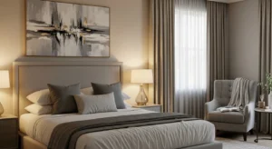 Grey and beige bedroom creating a warm modern look