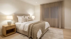 White and beige bedroom creating a soft calming environment