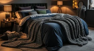 Layered textures adding depth to a dark bedroom