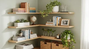Corner shelving unit in living room