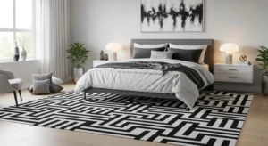 Patterned rug adding visual interest to a black and white bedroom
