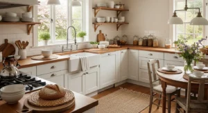 White cabinets with wood accents creating a warm farmhouse kitchen