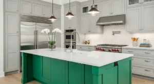 Colorful kitchen island acting as a focal point