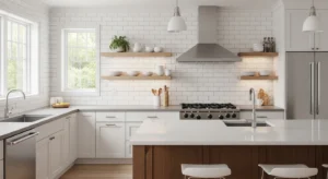 Subway tile backsplash creating a classic white kitchen