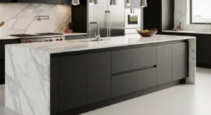 Waterfall countertop adding elegance to a kitchen island