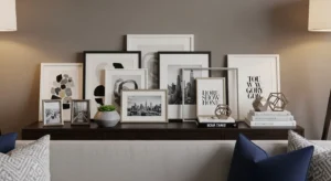 Behind sofa table with gallery frame arrangement