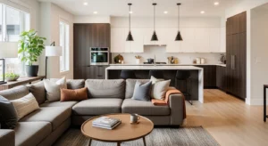 Living room facing kitchen creating a connected space