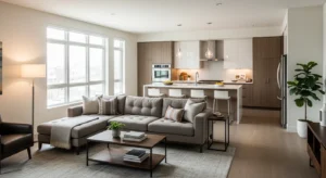 Sofa facing kitchen creating a social open layout