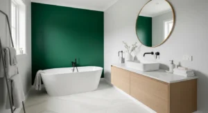 Dark green accent wall adding depth to bathroom