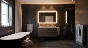 Soft lighting enhancing dark bathroom tiles