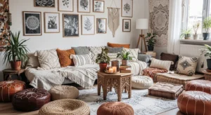 Boho living room with low seating arrangement