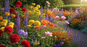 Mixed flowers creating a lively cottage garden