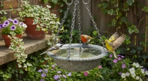 Hanging bird bath saving space in garden