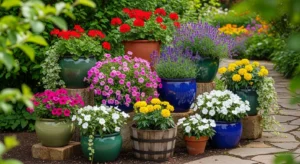 Grouped pots creating a garden focal point