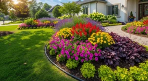 Curved flower bed softening landscape