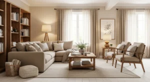 Wood accents warming beige living room