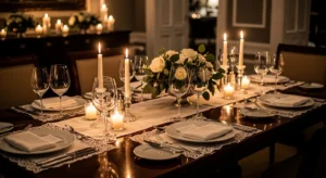 Candles creating warm dining atmosphere